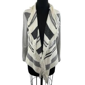 Anthropologie DOLAN Gray Cream Stripe Drape Fringe Open Cardigan Sweater S Small